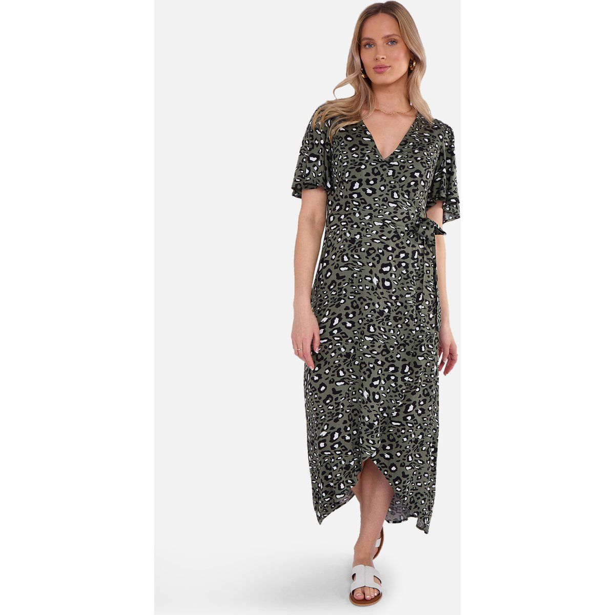 Khaki Wickel-Midikleid mit Tiermuster