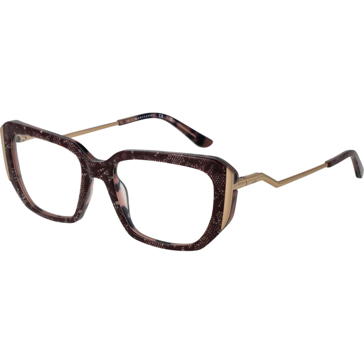 Gemusterte, quadratische Brille mit goldenen Bügeln