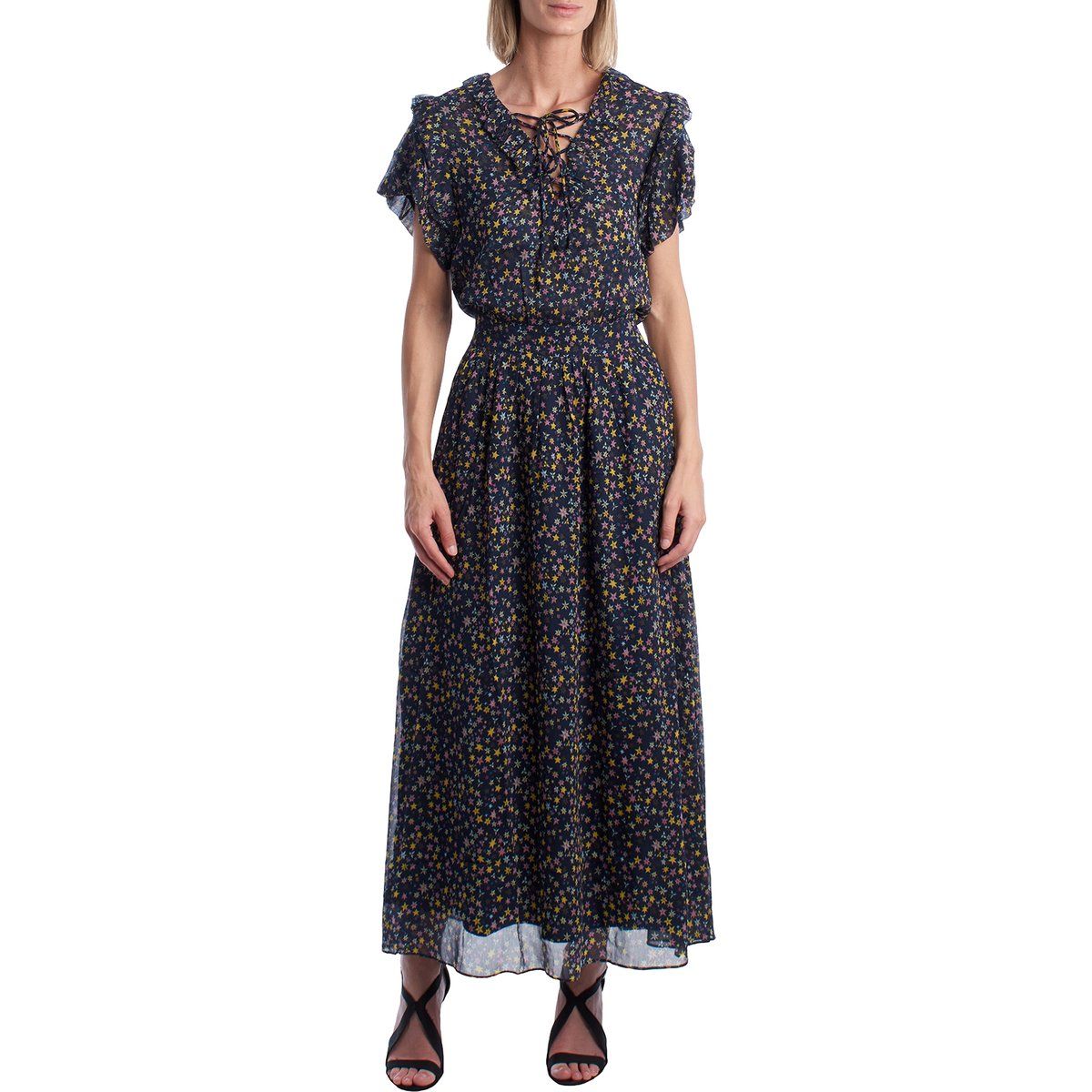 Langes Maxikleid mit Blumenmuster und Rüschen