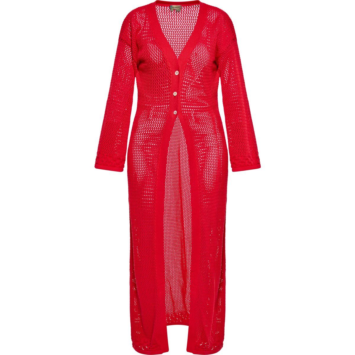 Rote gehäkelte Maxi-Strickjacke