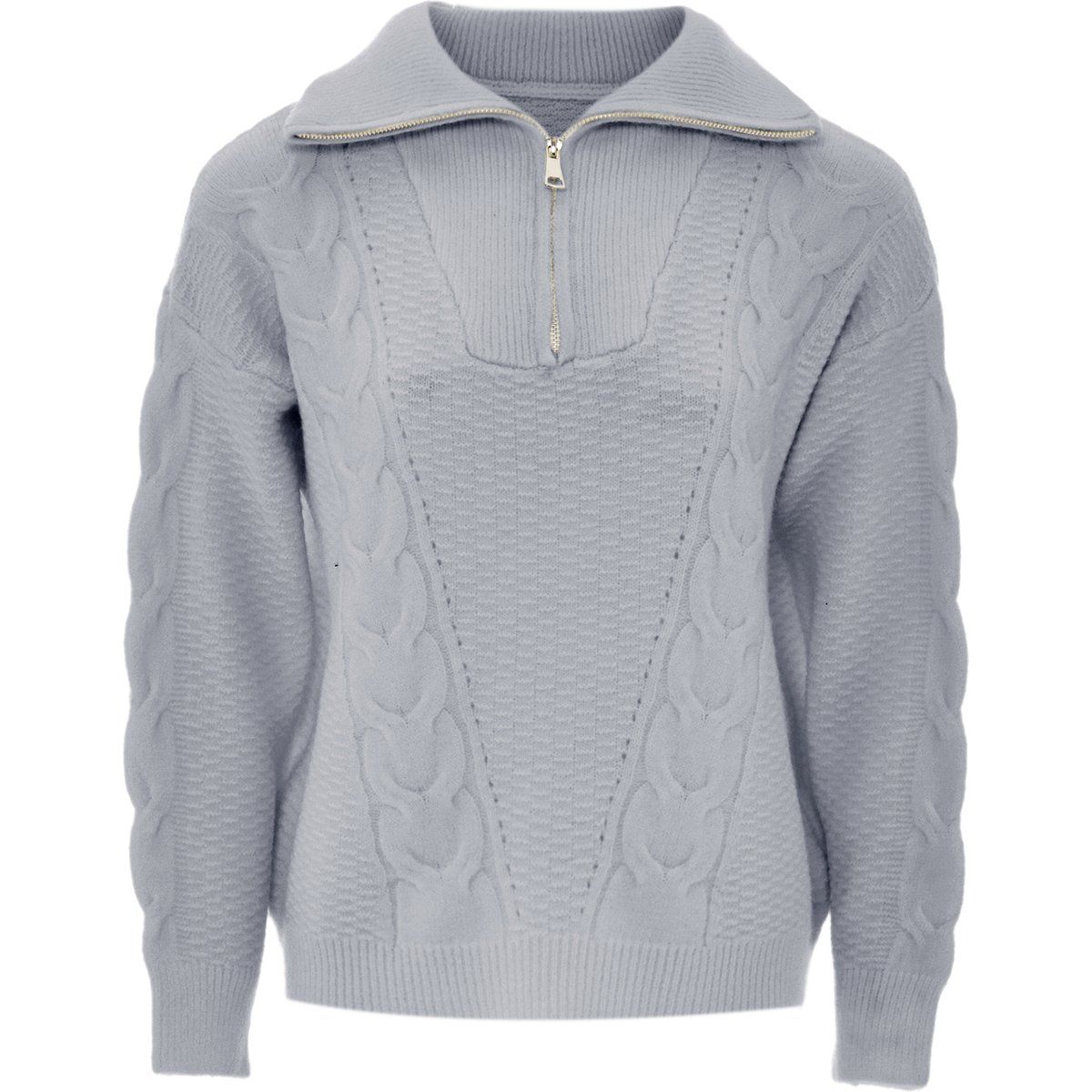 Zopfmuster-Pullover mit halbem Reißverschluss