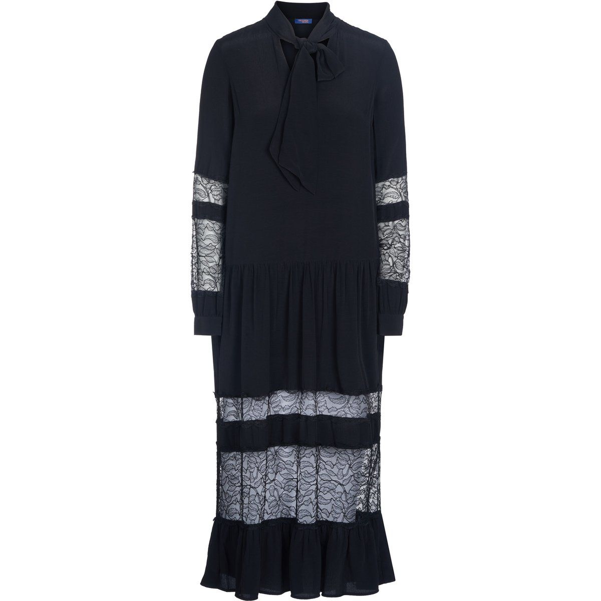 Schwarzes Midikleid mit Spitzeneinsätzen
