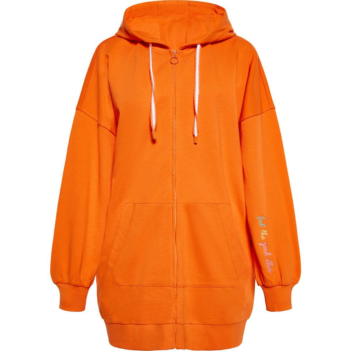 Oranger Kapuzenpullover mit Reißverschluss und Stickerei
