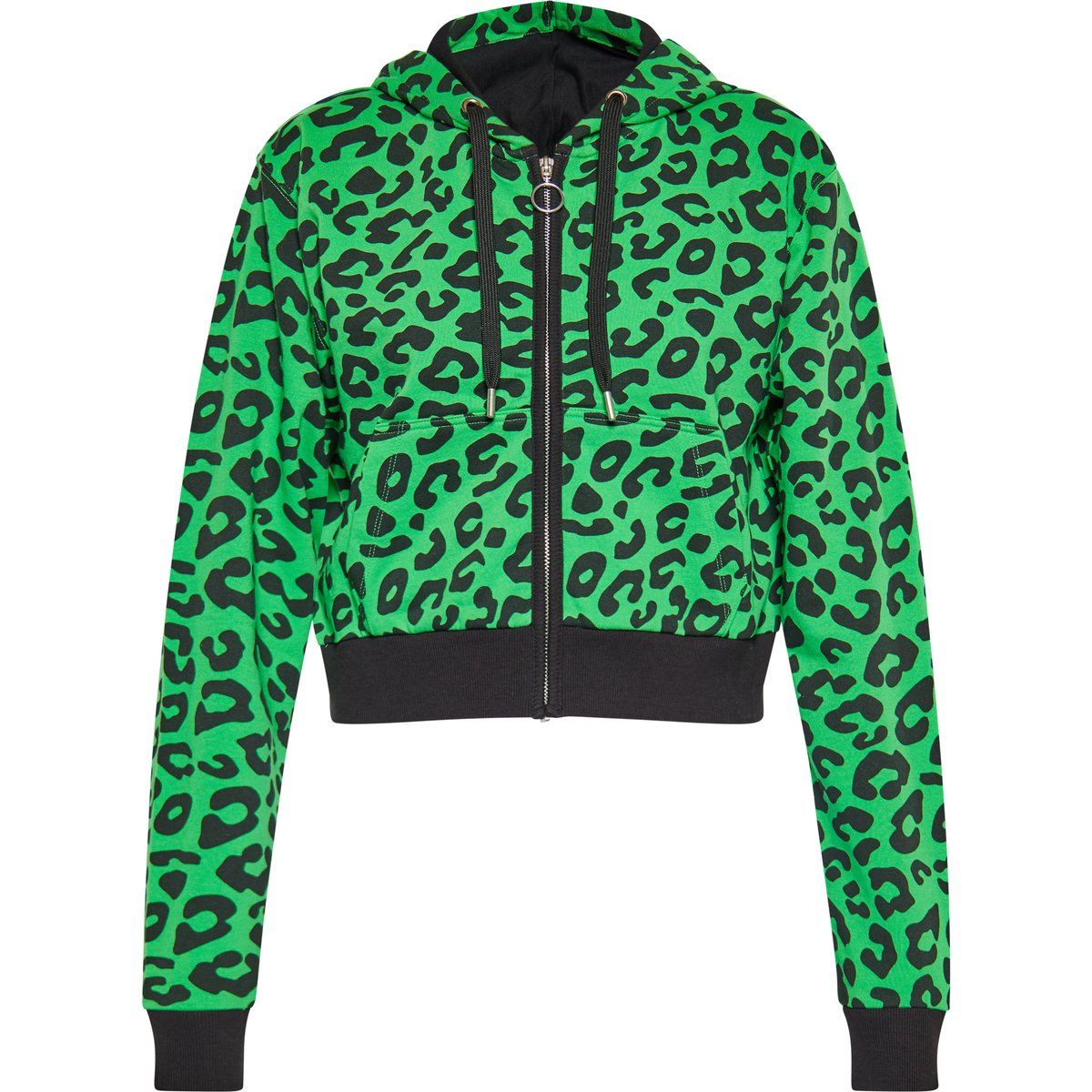 Grüner Kapuzenpullover mit Leopardenmuster und Reißverschluss