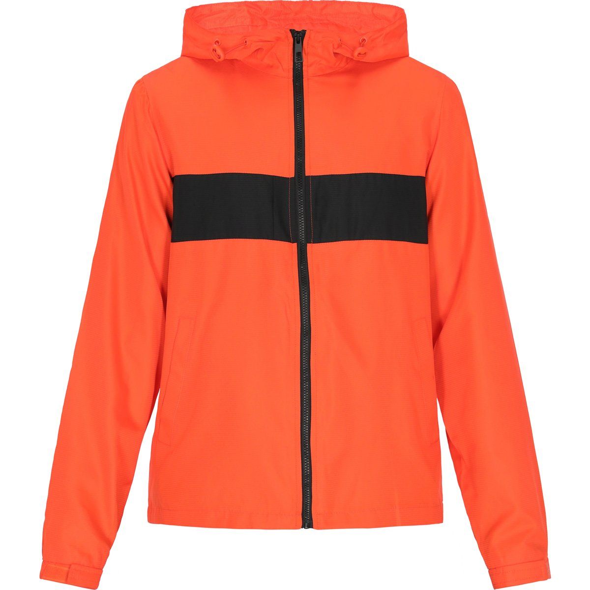 Orangefarbene, leichte Regenjacke mit Kapuze