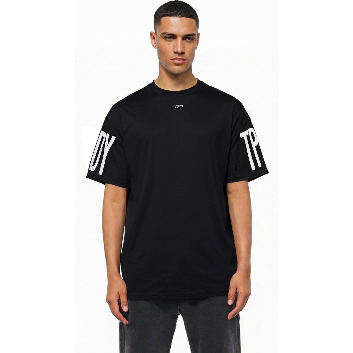 Schwarzes Oversize-T-Shirt mit Ärmelaufdruck