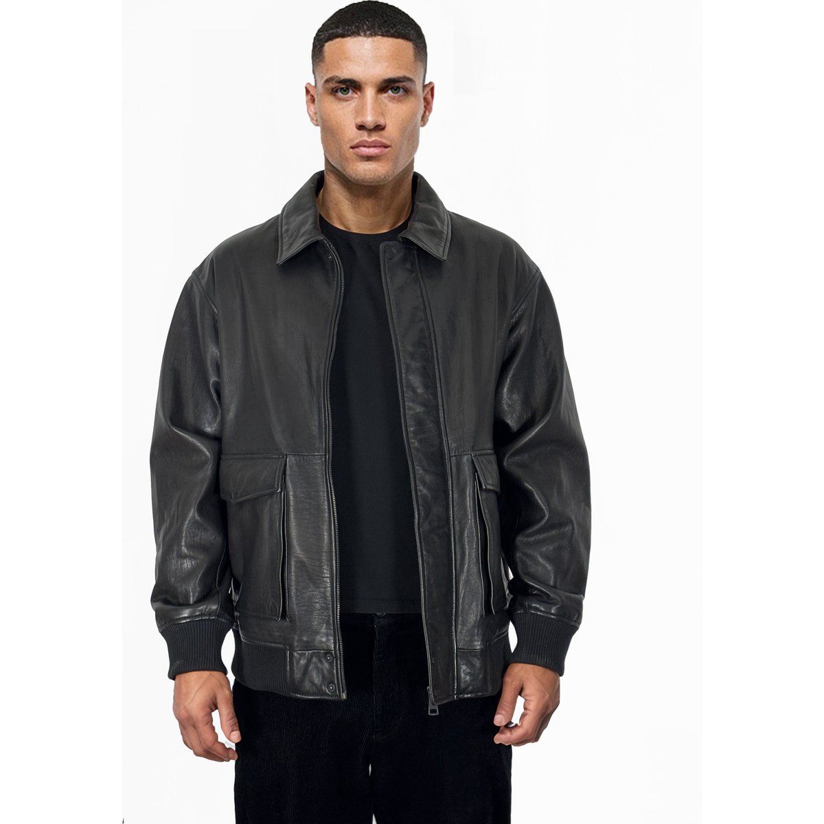 Klassische Leder Bomberjacke mit Kragen