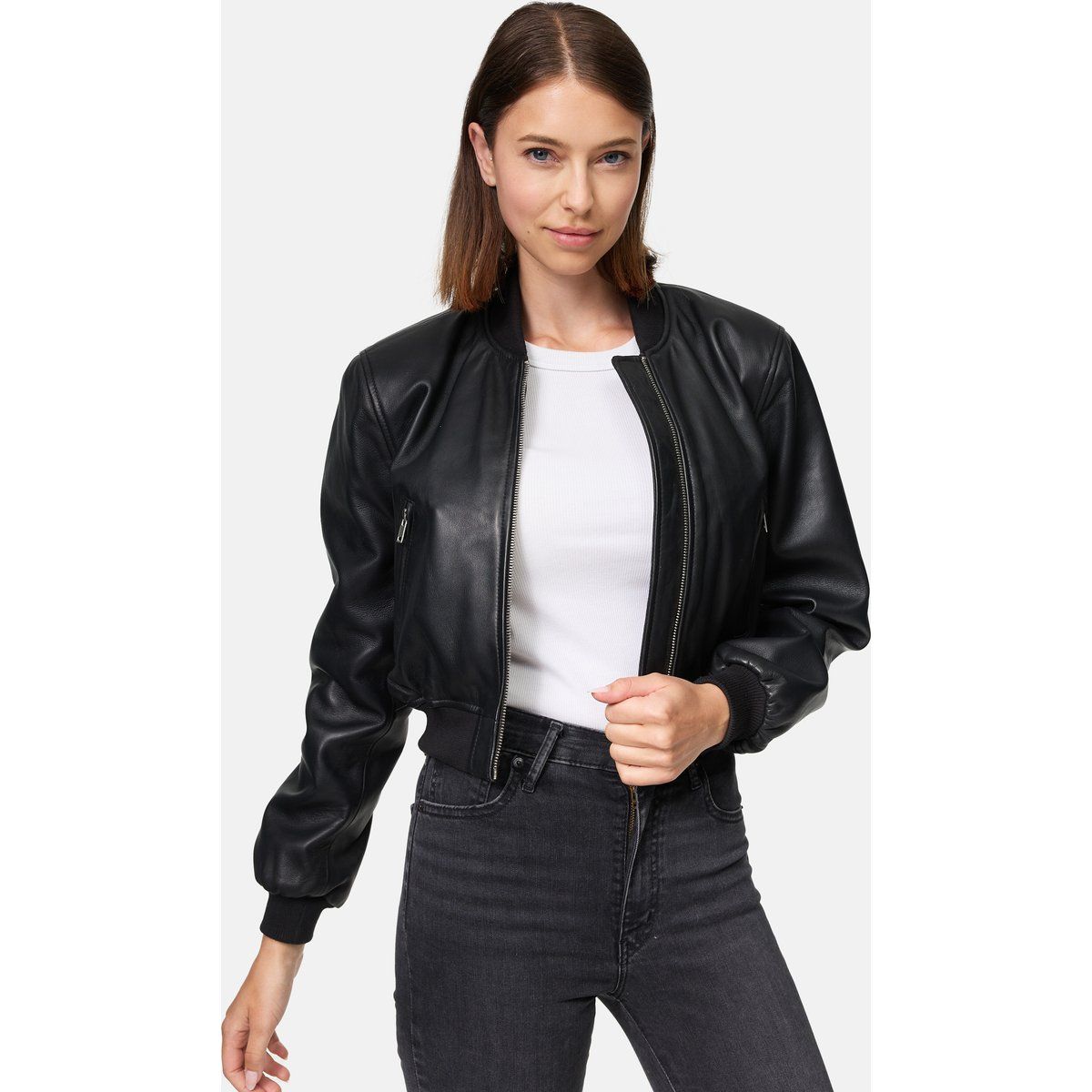 Klassische Cropped Schwarze Leder Bomberjacke