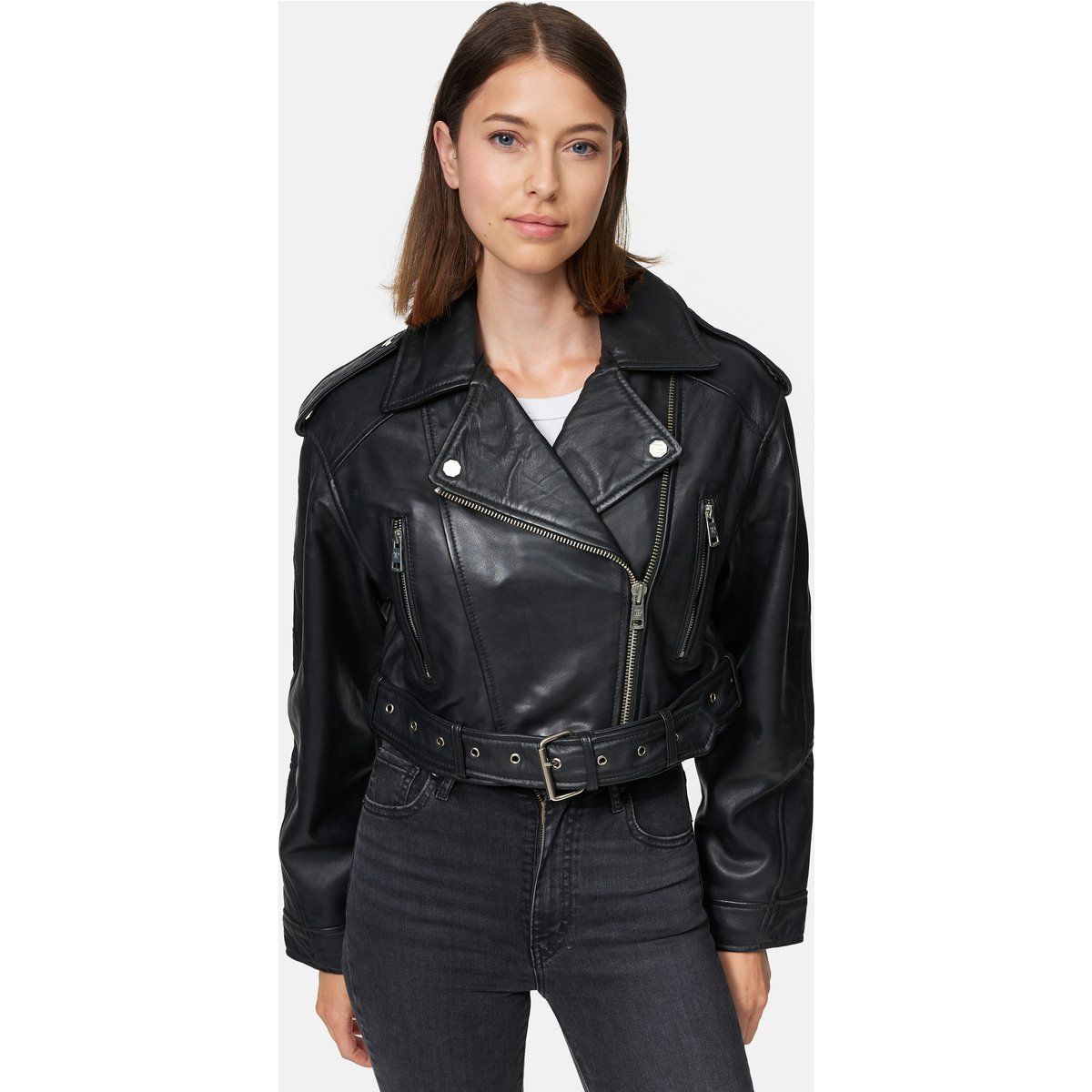 Klassische Cropped Schwarze Leder Bikerjacke