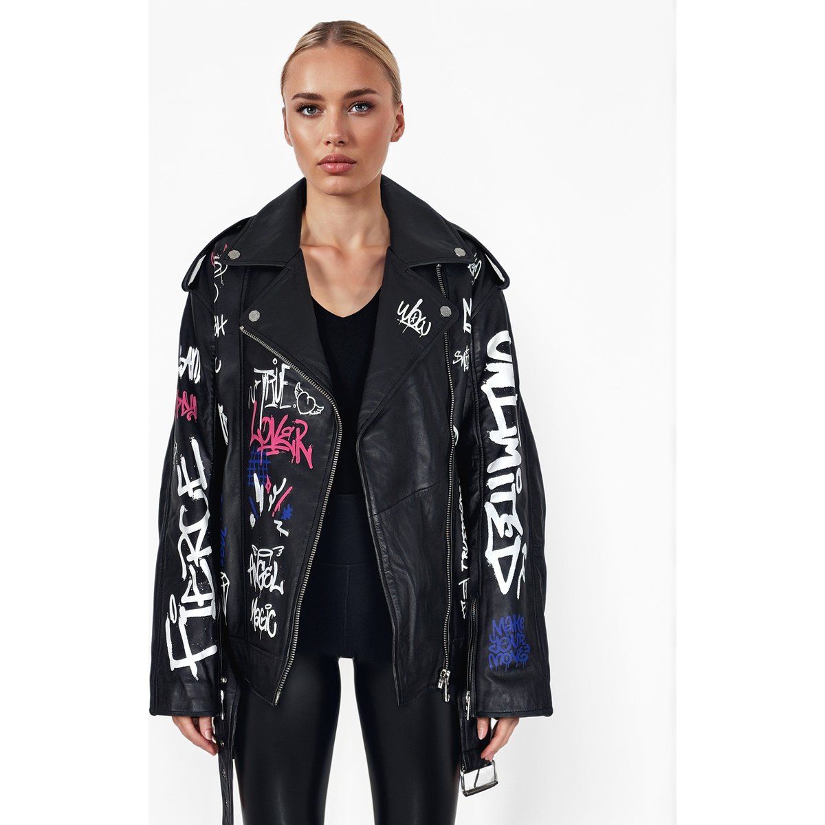 Leder-Bikerjacke mit Graffiti-Print