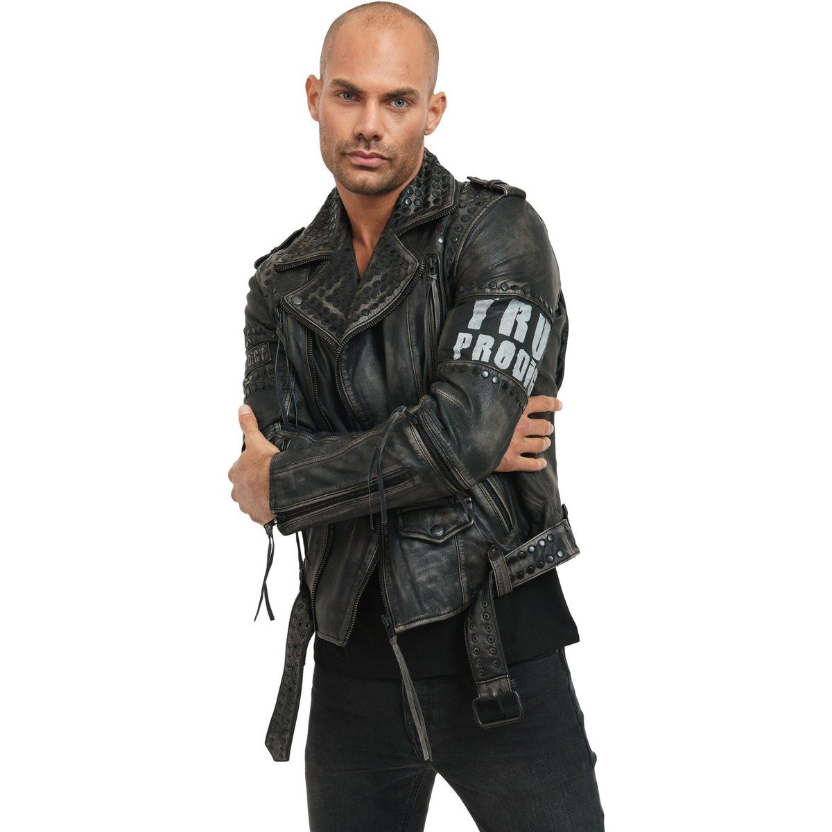 Lederjacke Biker mit Nieten im Used-Look