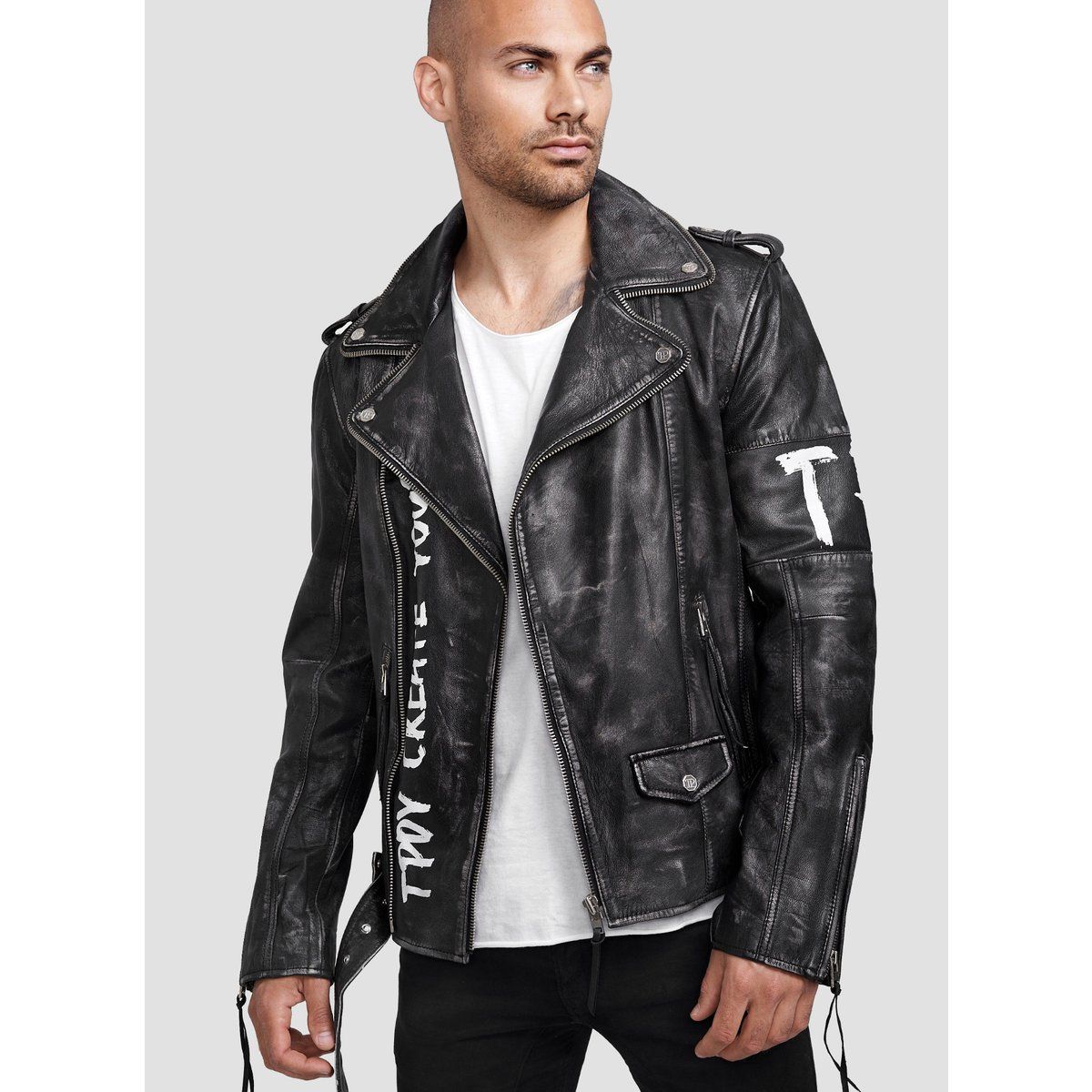 Motorradjacke aus Distressed-Leder mit Aufdruck