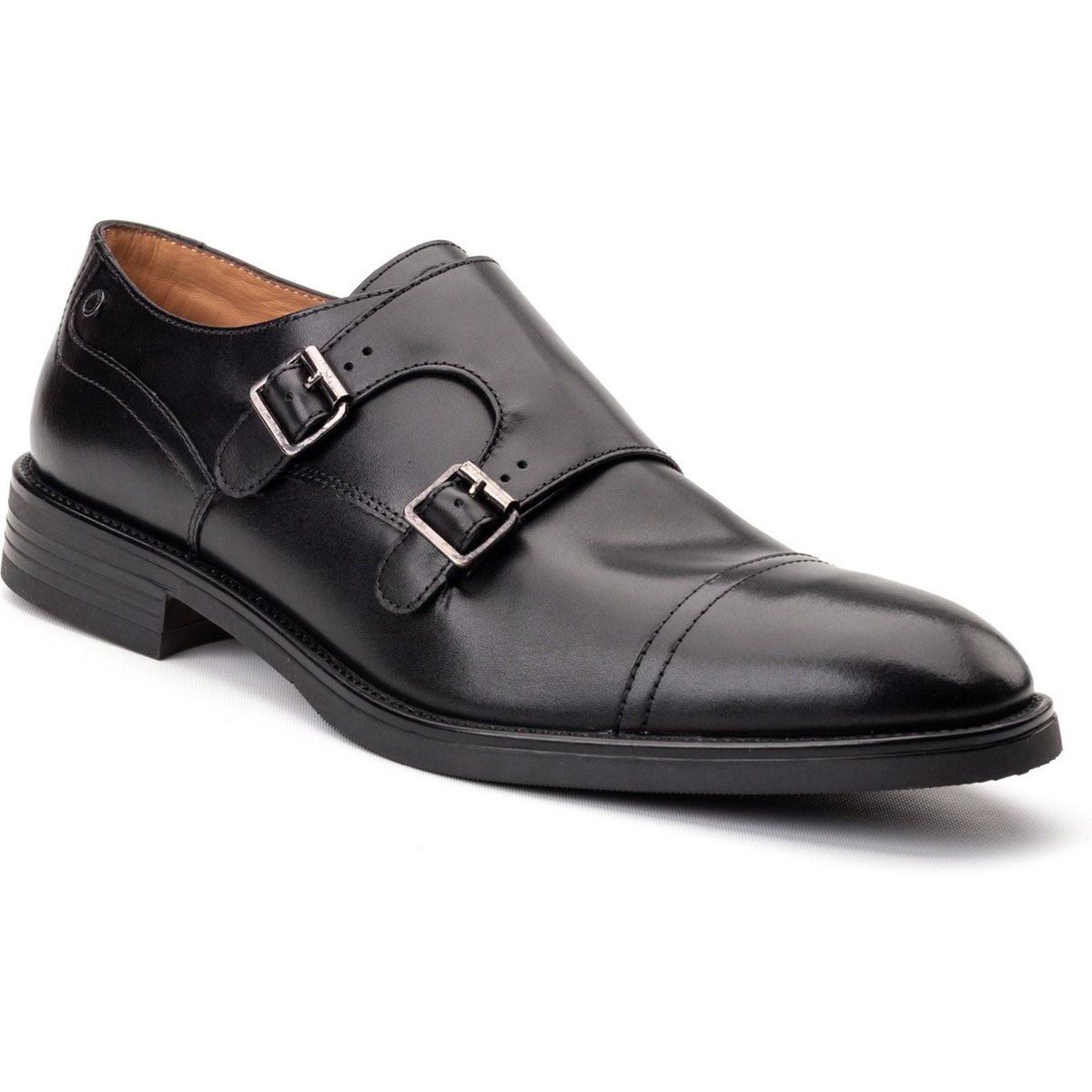 Base London Taper Leder Herren Schwarz Doppelte Monk Schuhe