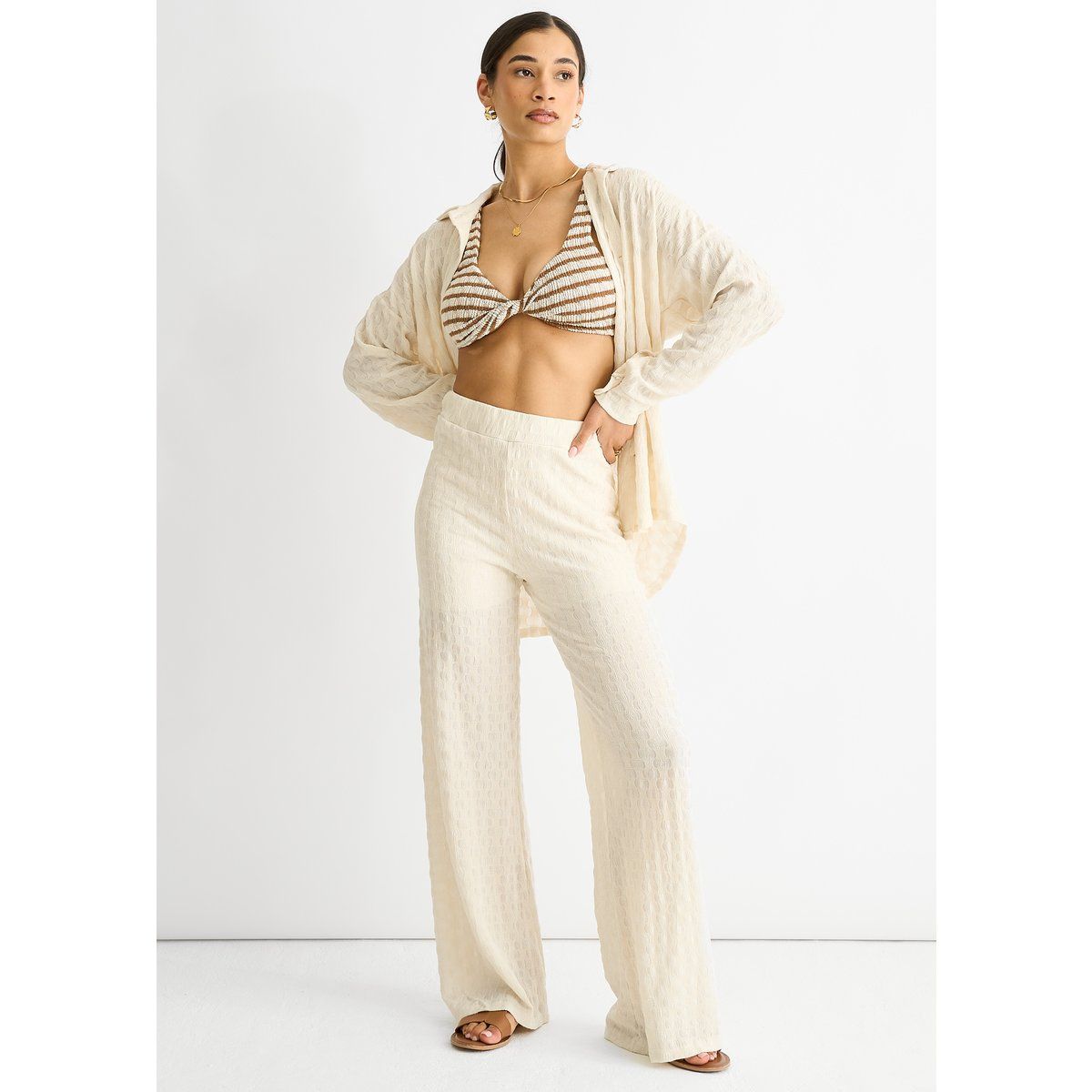 Beige, strukturierte, weite Hose