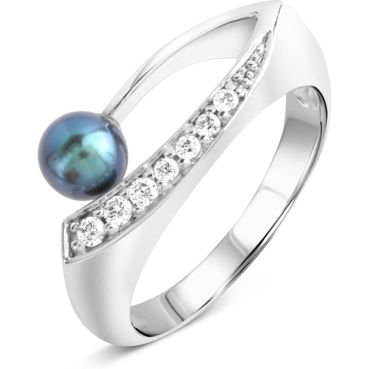 Silberner Bypass-Ring mit schwarzer Perle