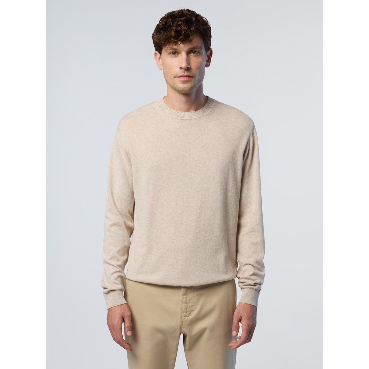 Herren Beiger Baumwollpullover mit Rundhalsausschnitt