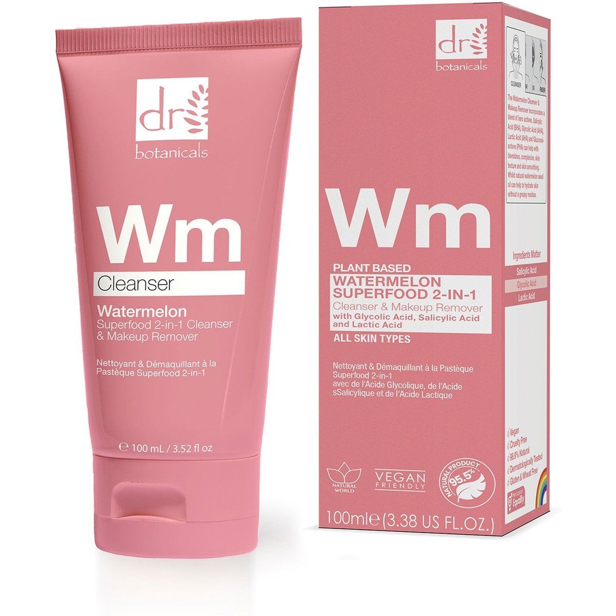 Dr Botanicals Wassermelonen Superfood 2-in-1 Reiniger & Make-up Entferner 100ml mit Glykolsäure, Salicylsäure und Milchsäure