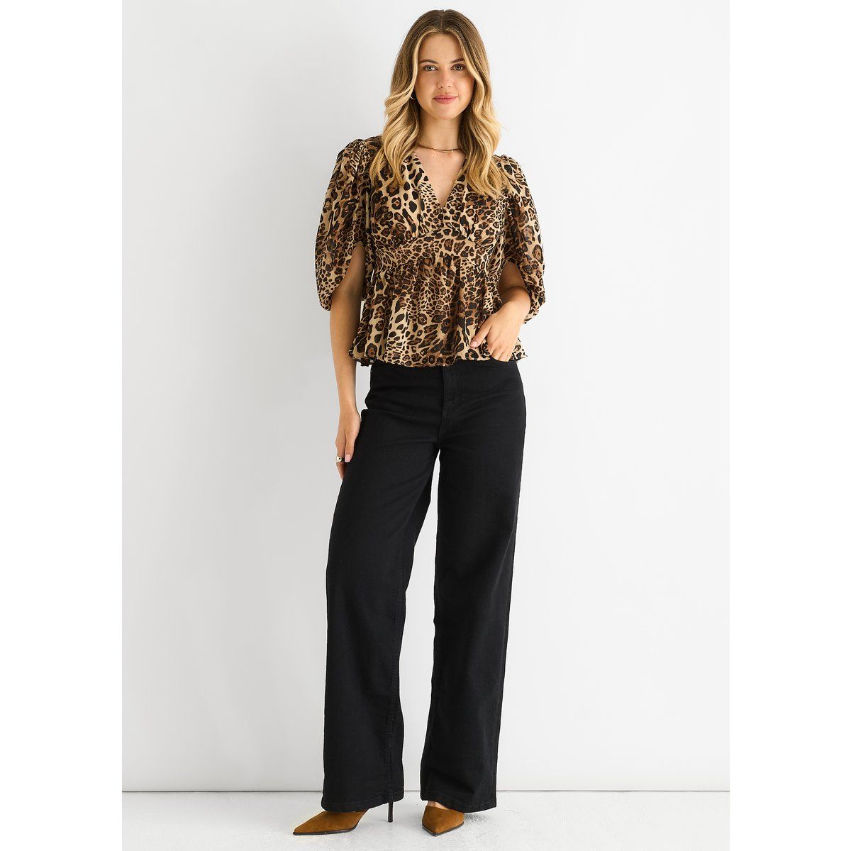 Leopardenmuster Peplum Bluse mit V-Ausschnitt