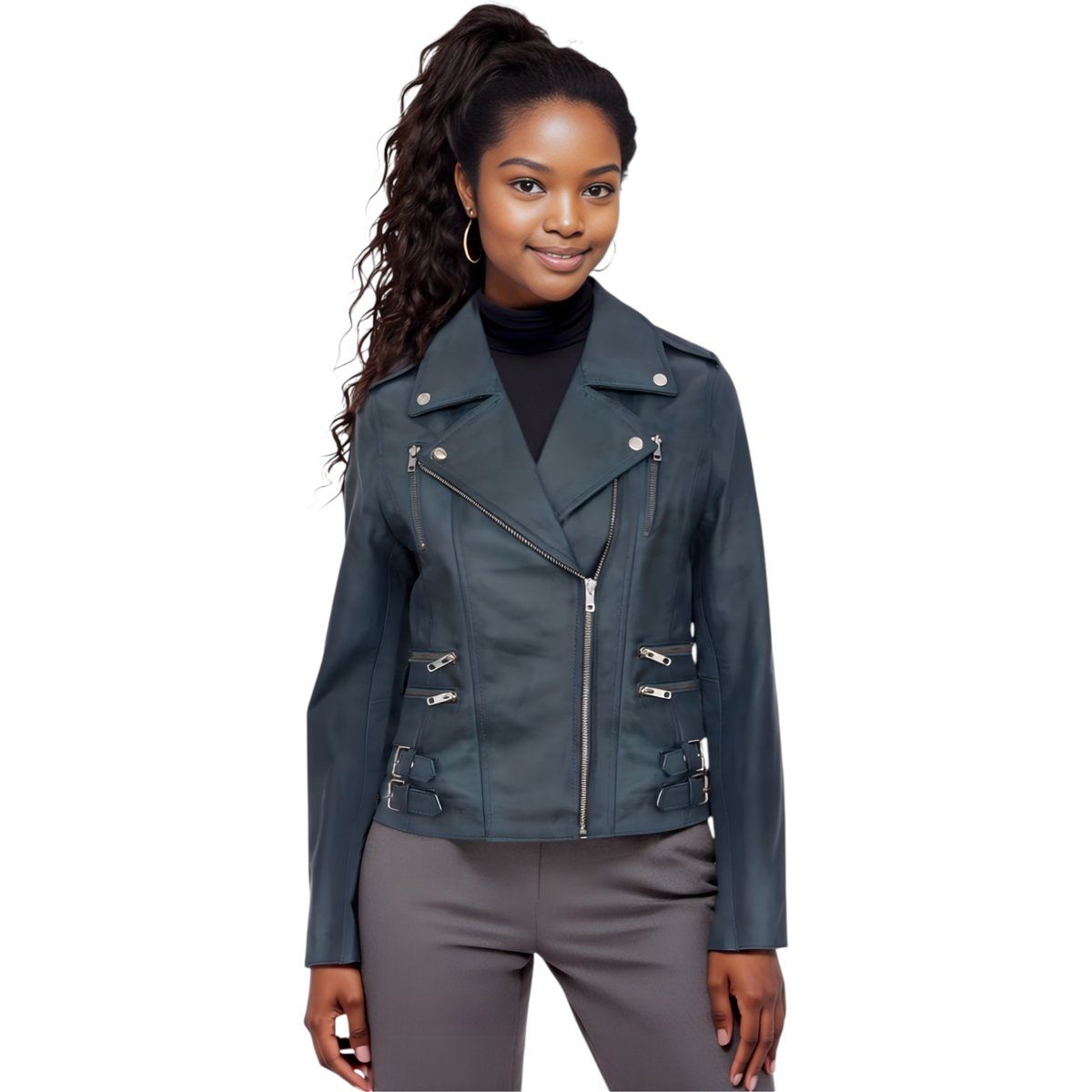 Asymmetrische schmal geschnittene Leder-Bikerjacke