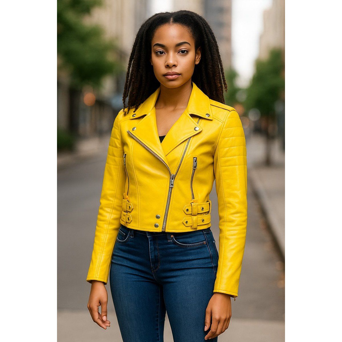 Gelbe Cropped-Bikerjacke aus Leder für Damen