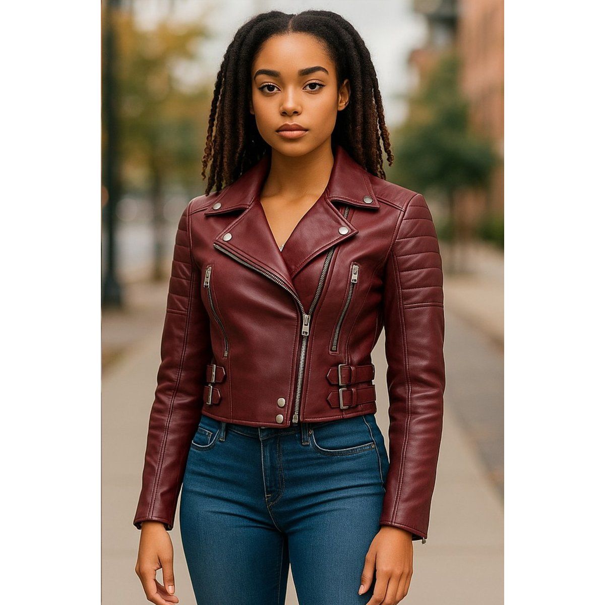Burgunderrote kurze Leder-Bikerjacke