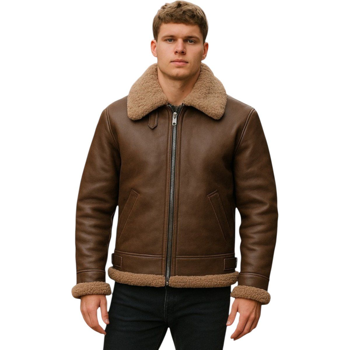 Herren Braune Shearling Leder Fliegerjacke