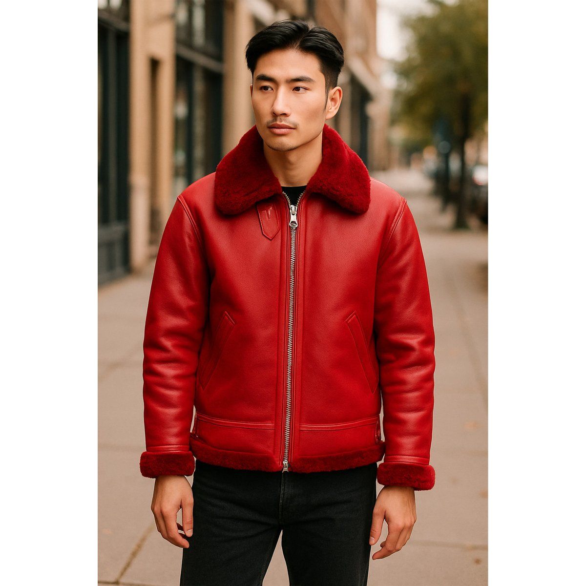 Rote Shearling B3 Bomberjacke