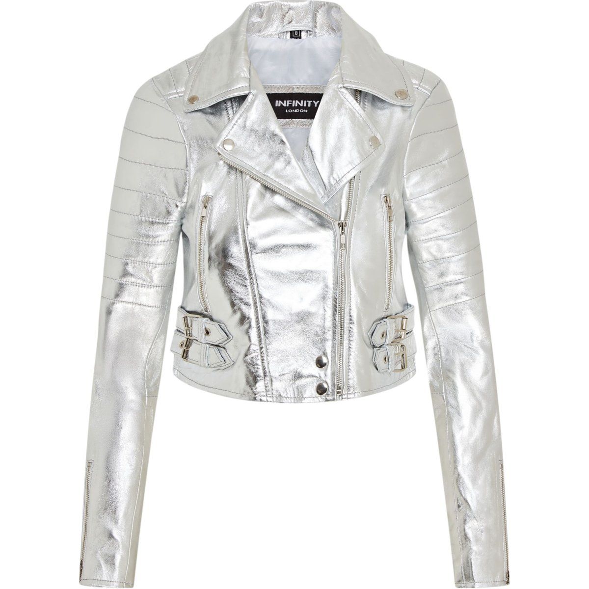 Silberne Kurzlederjacke im Biker-Stil