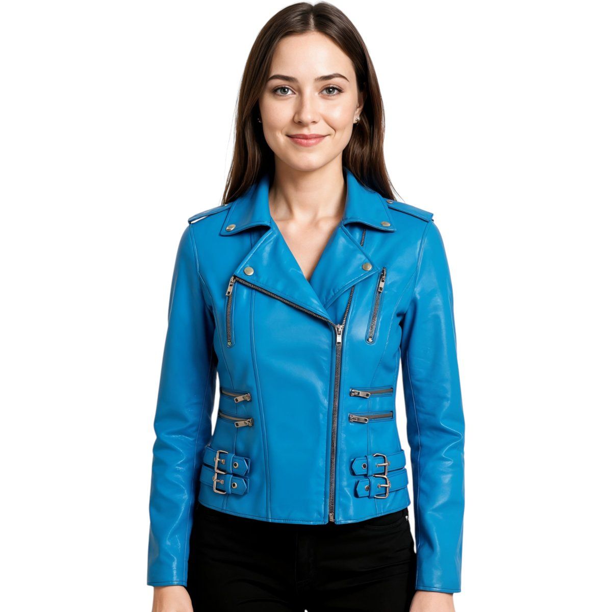 Damen Lederjacke Blau Brando Bikerjacke