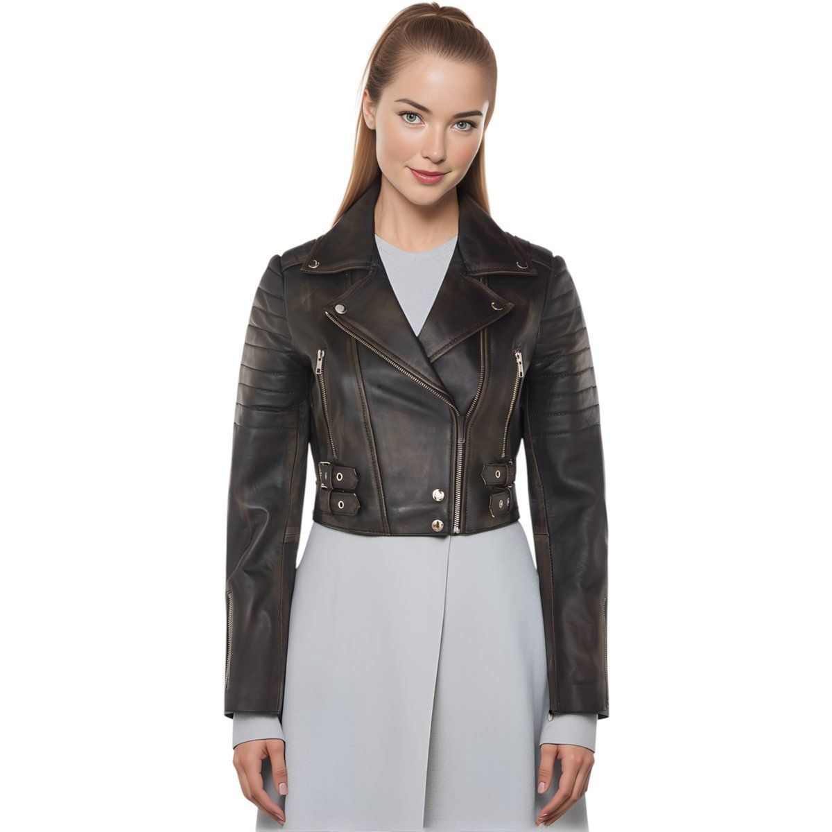 Kurze Vintage-Leder-Bikerjacke