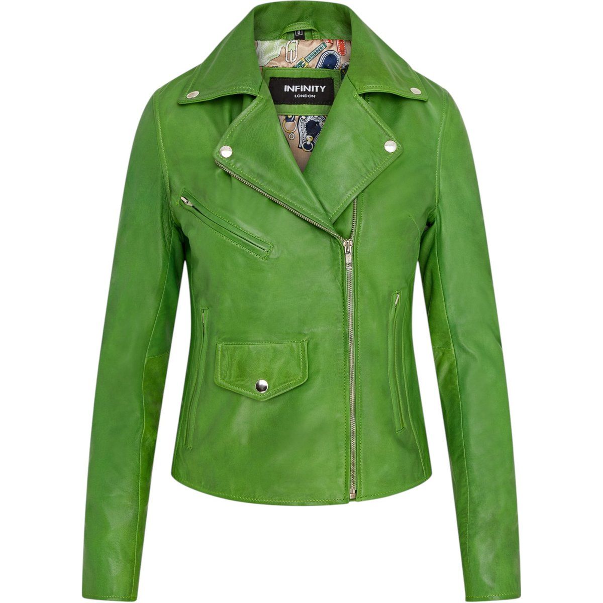 Apfelgrüne Lederjacke im Bikerstil