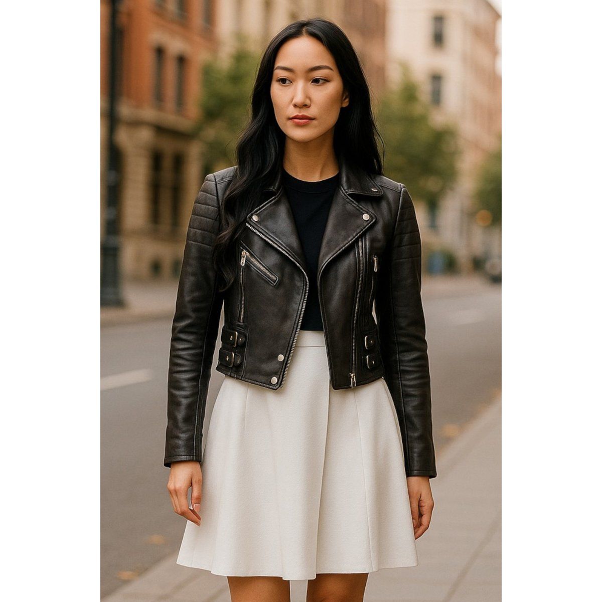 Schwarze kurze Brando-Bikerjacke aus Leder für Damen