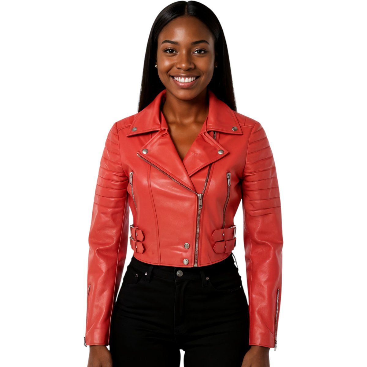 Kurze rote Leder-Bikerjacke im Brando-Stil