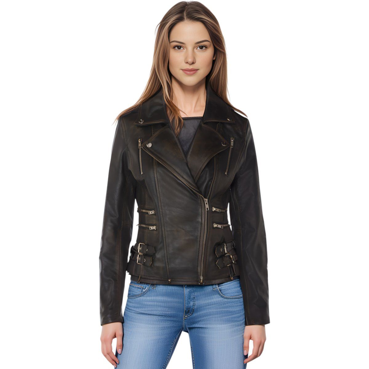 Damen Vintage Leder Bikerjacke