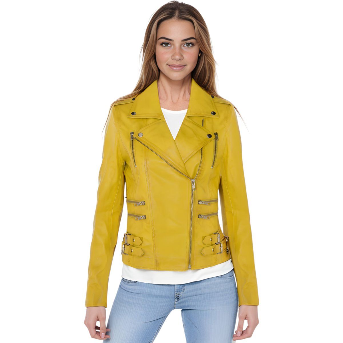 Auffällige gelbe Leder Bikerjacke