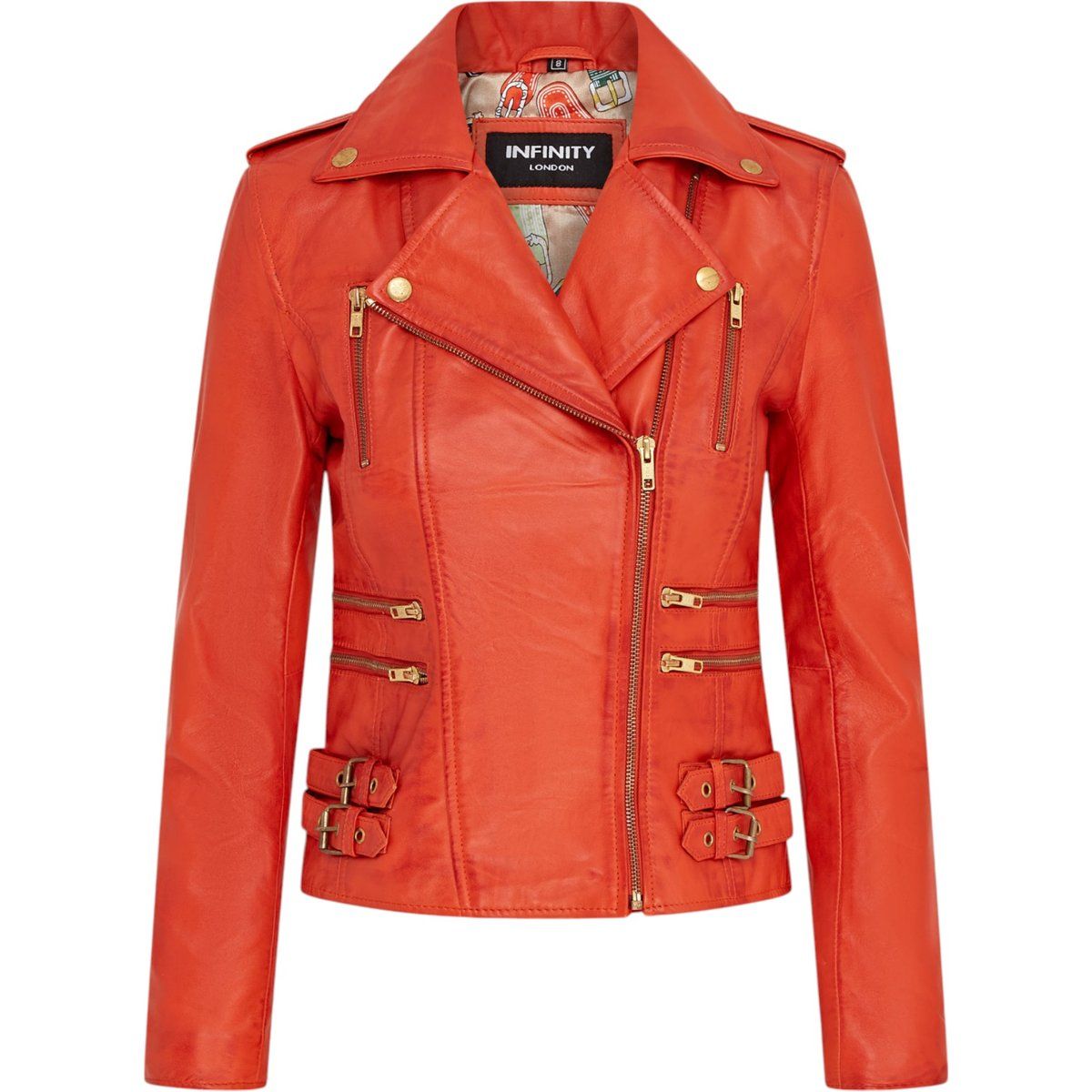Ausgefallene orangefarbene Bikerjacke aus Leder