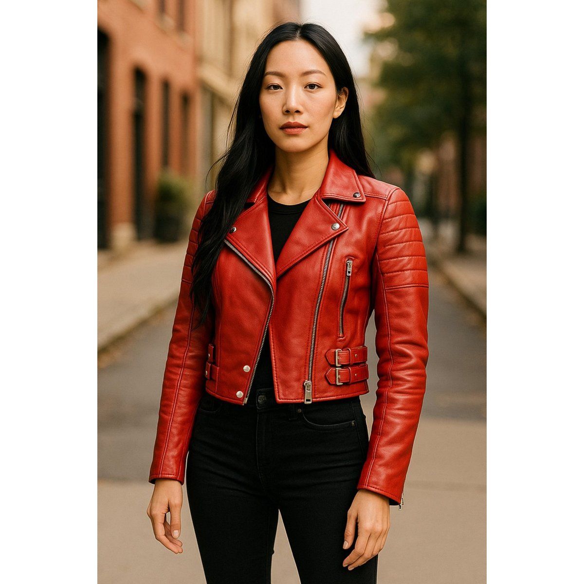 Kurze rote Damen Bikerjacke aus Leder
