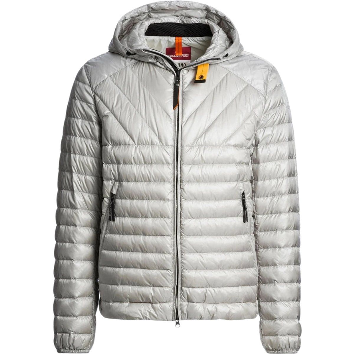 Silberne leichte Daunenjacke mit Kapuze