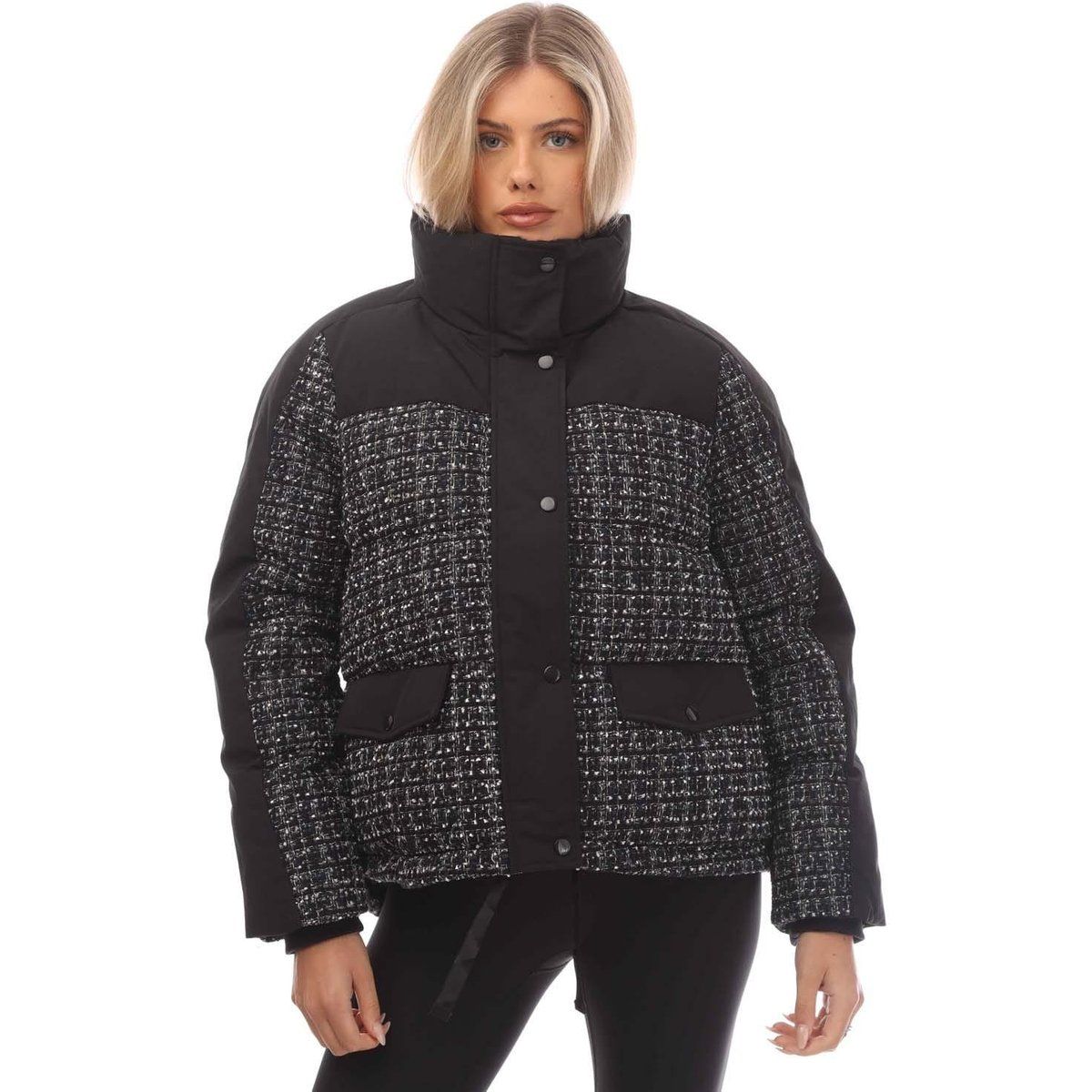 Tweed-Steppjacke mit hohem Kragen