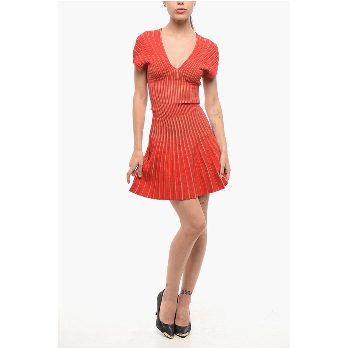 Plissee-Strick Minikleid mit V-Ausschnitt