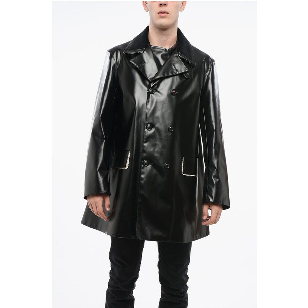 Schwarzer, wasserdichter Trenchcoat mit Samtkragen