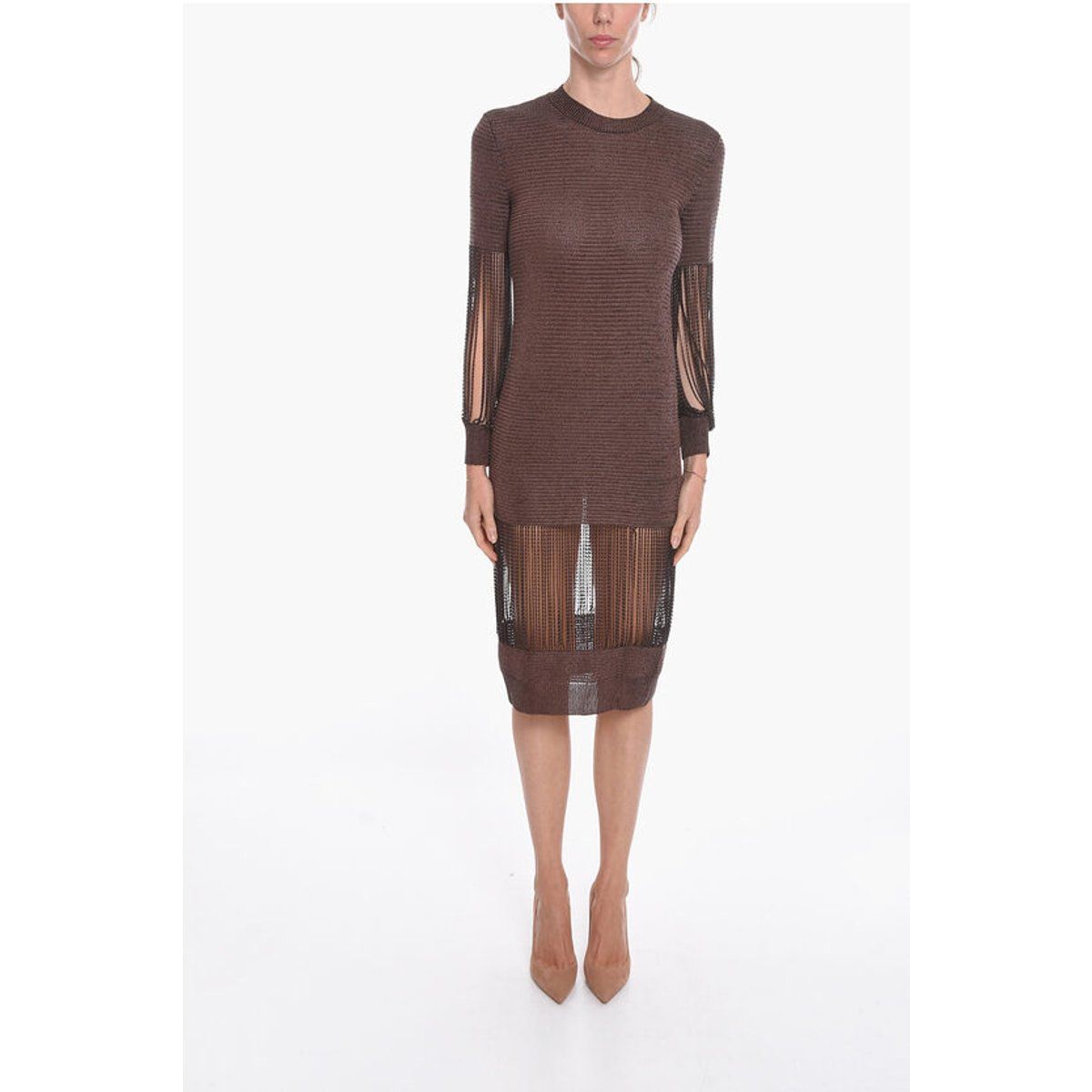 Metallic Strick-Midikleid mit Fransen