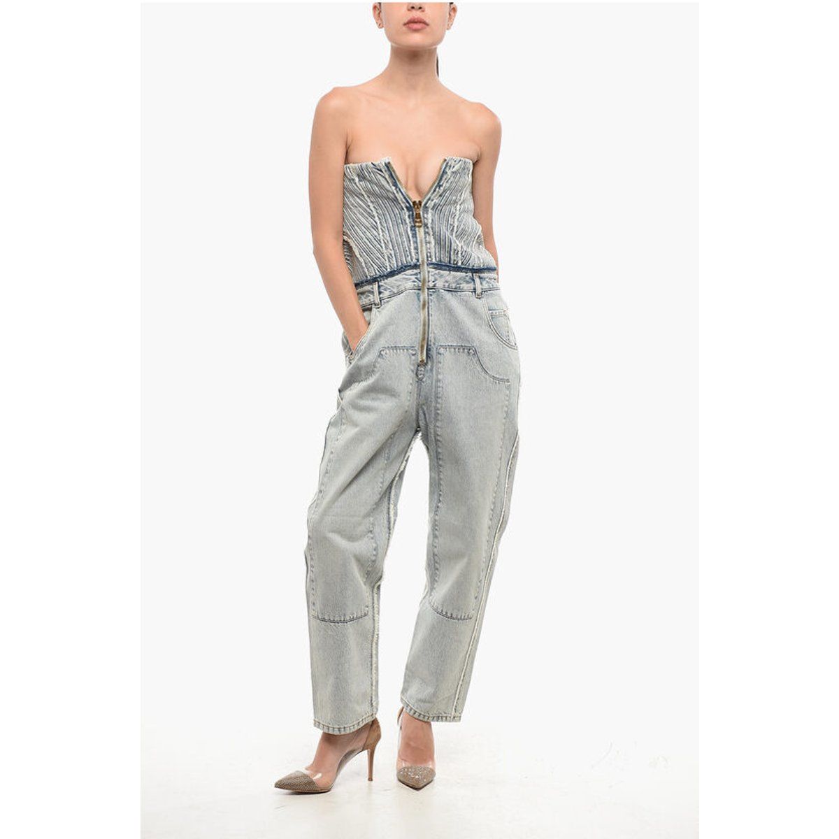 Trägerloser Denim-Jumpsuit mit Paneelen