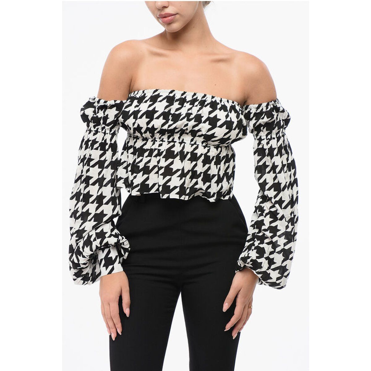 Schulterfreie Bluse mit Hahnentrittmuster