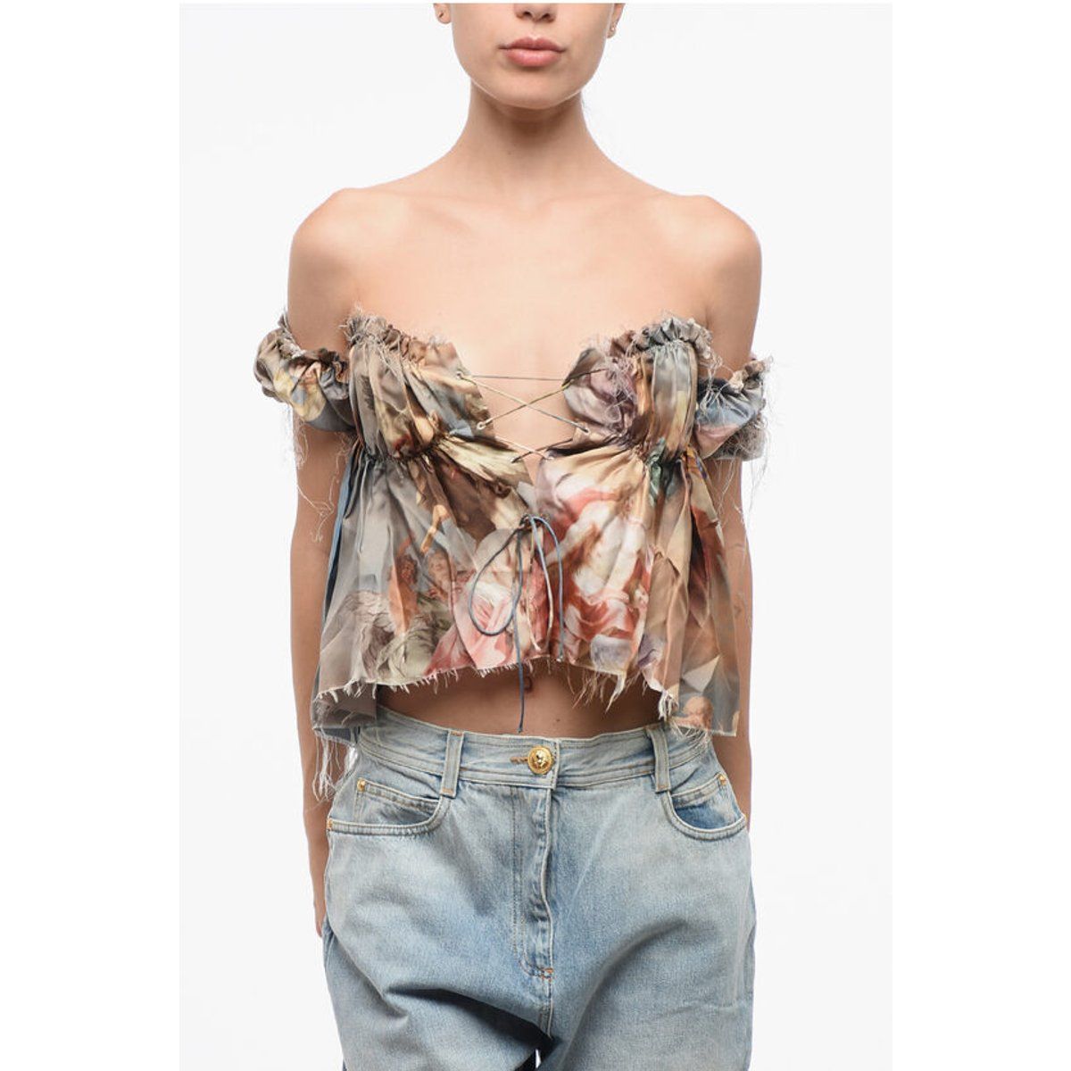 Bedrucktes schulterfreies Crop-Top aus Seide