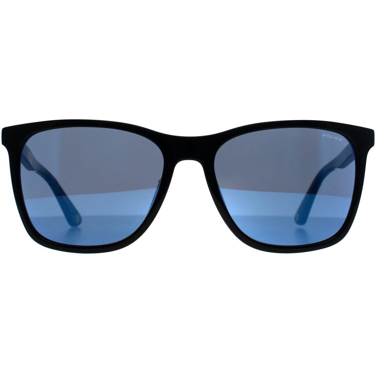 Glänzend schwarzer Rahmen, blaue Gläser, Sonnenbrille