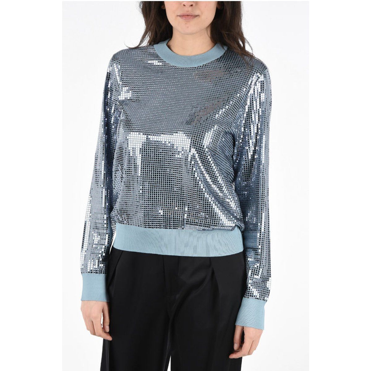 Hellblauer Paillettenbesetzter Pullover mit Rundhalsausschnitt