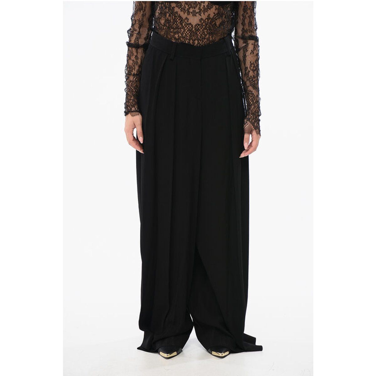 Schwarze doppelt plissierte Viskose-Crêpe-Hose