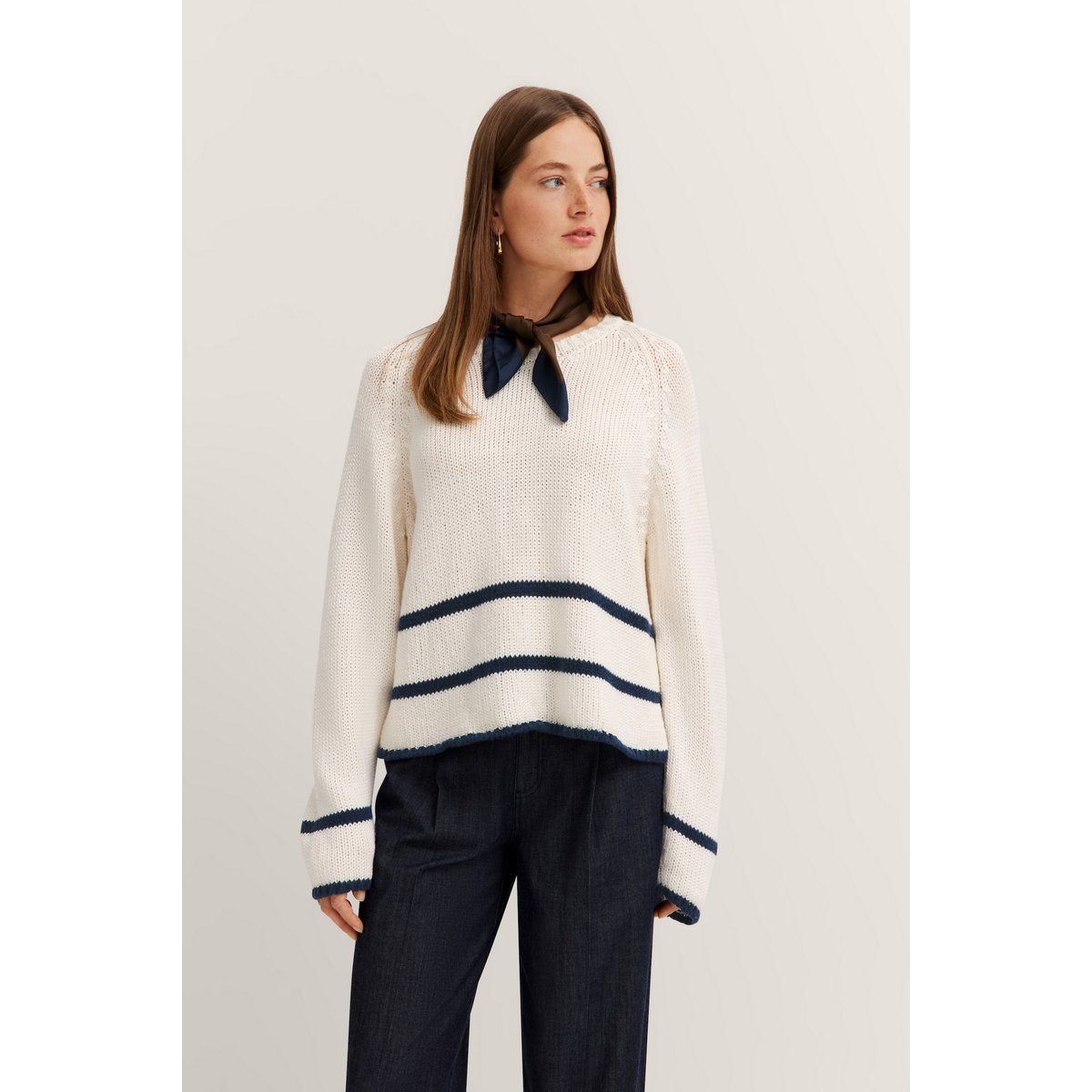 Gestreifter Rundhals Baumwollmischpullover