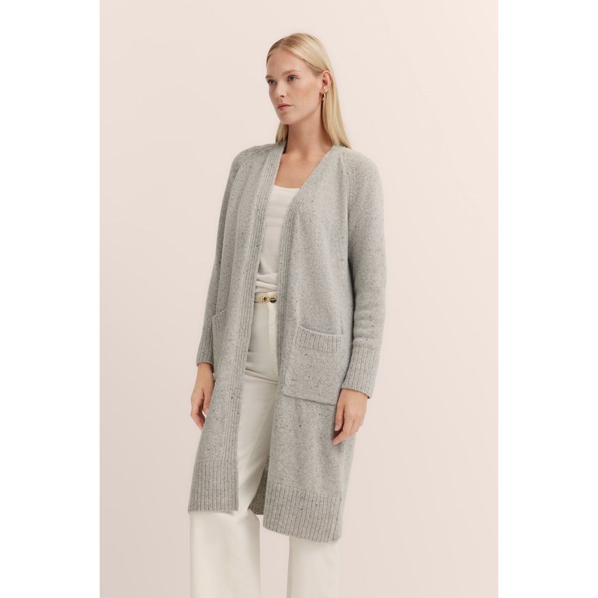 Lange Strickjacke mit offener Vorderseite und Taschen